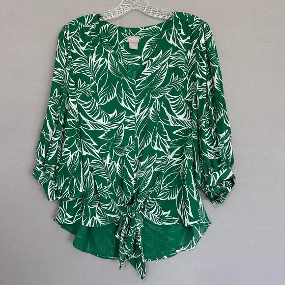 Chicos Tie-Front Green Palm V-Neck Tropical Blouse Green Sz 0 US 4/6 Small - Picture 4 of 11